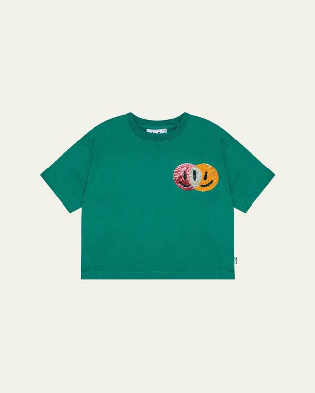 Girl's Reinette Sequin Happy Face T-Shirt, Size 4-6
